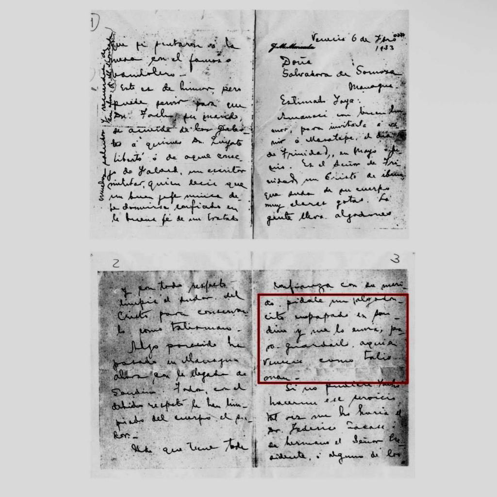 Carta ridícula de José María Moncada del 6 de febrero de 1933 donde le pide a doña Salvadora Debayle de Somoza el talismán de Sandino.